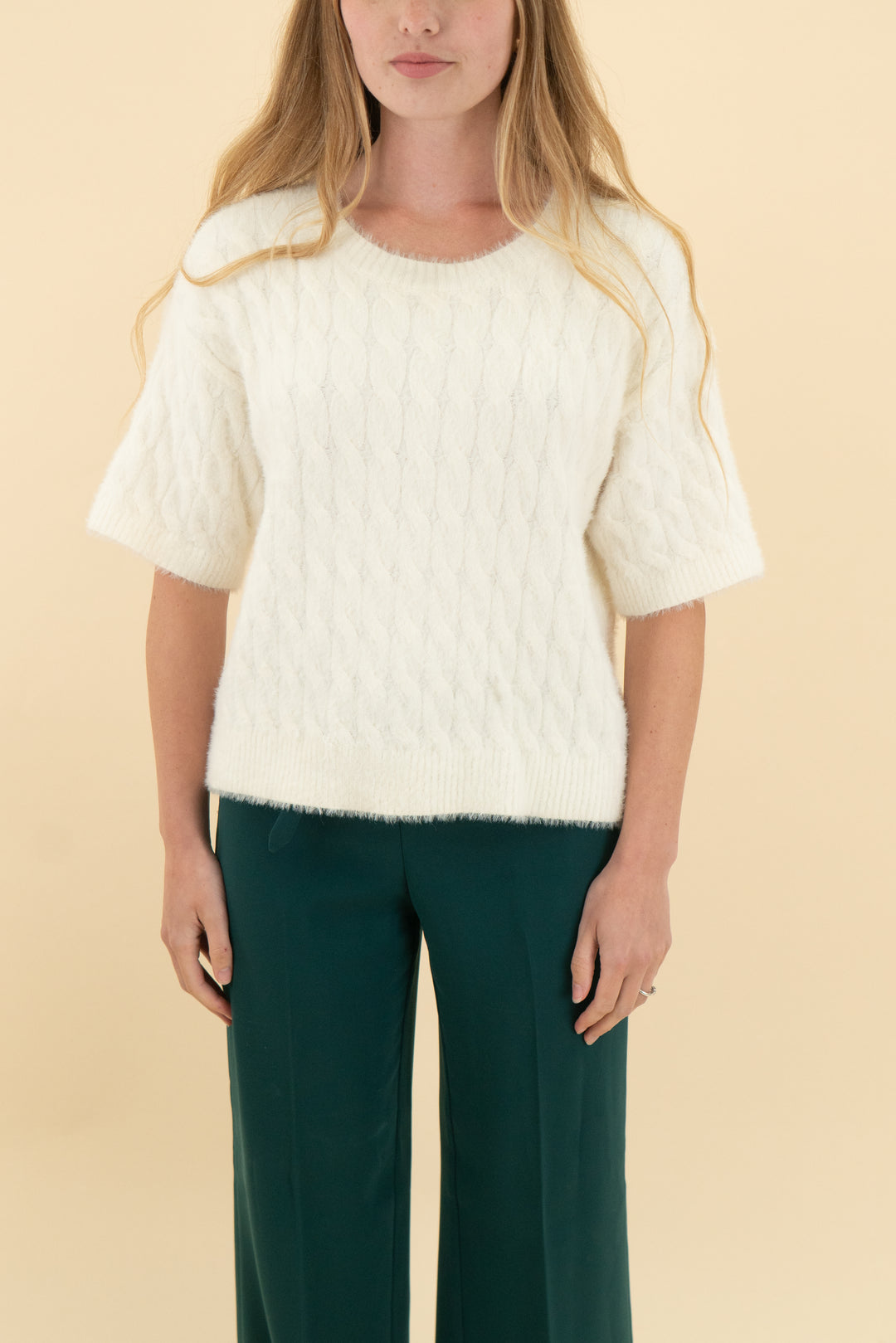 cyrus cream fuzzy short sleeve sweater (xs; retail $65)