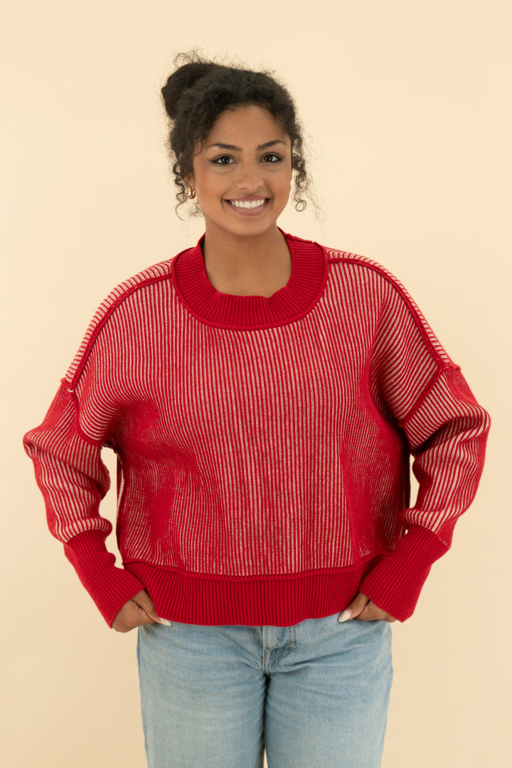 zenana red and white ribbed sweater (m)
