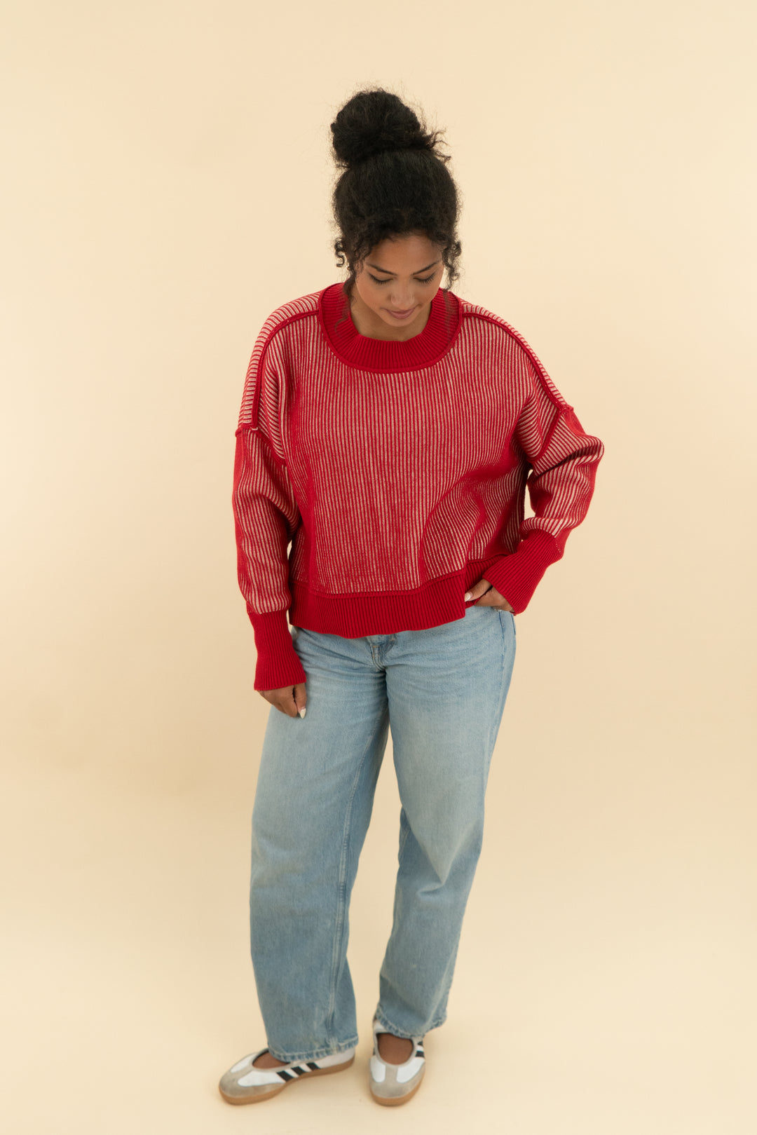 zenana red and white ribbed sweater (m)