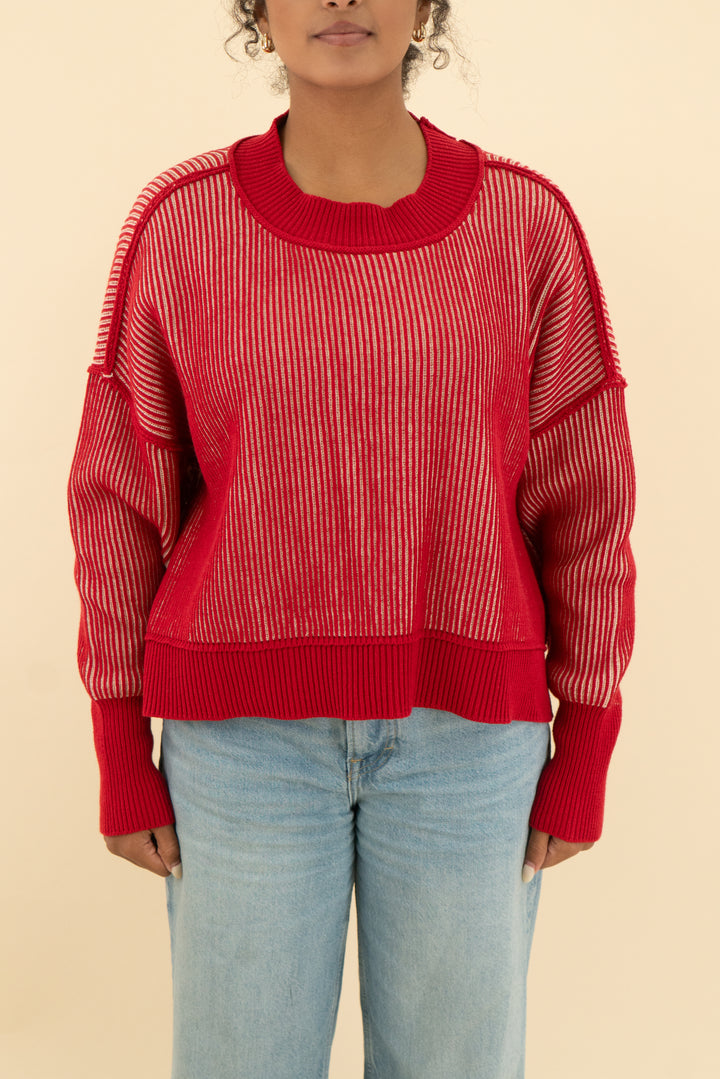 zenana red and white ribbed sweater (m)