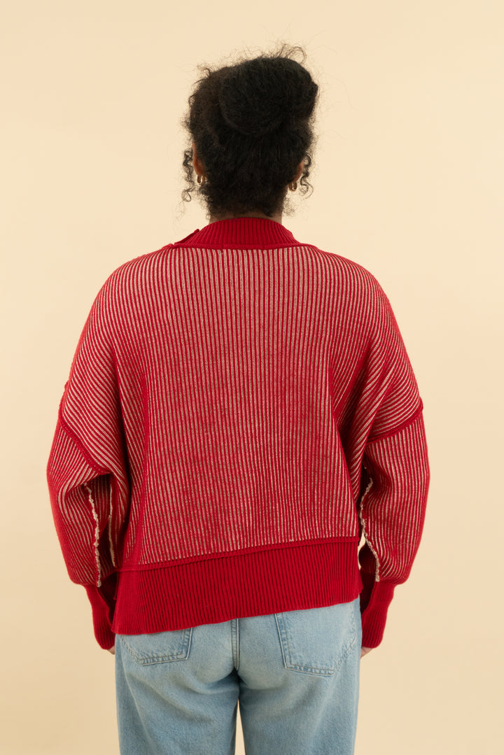 zenana red and white ribbed sweater (m)