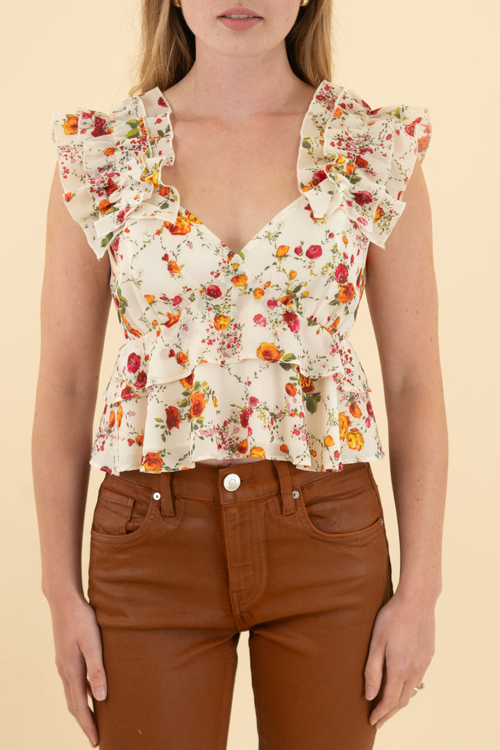 house of harlow cream floral ruffle tank (xs)