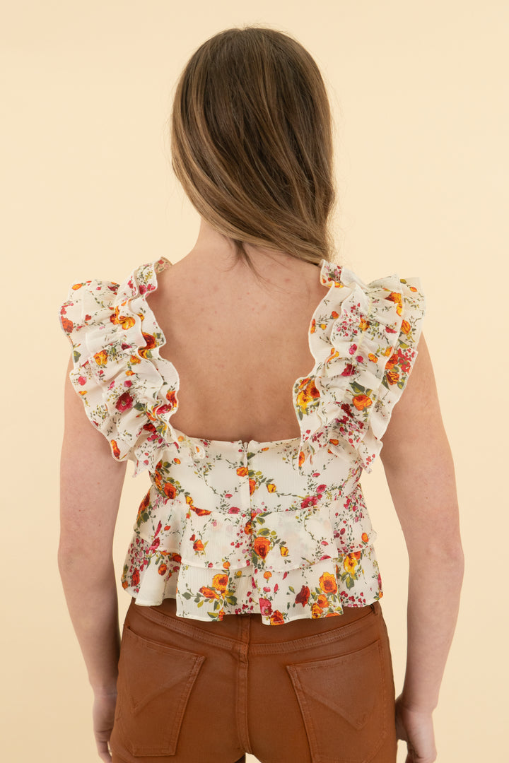 house of harlow cream floral ruffle tank (xs)