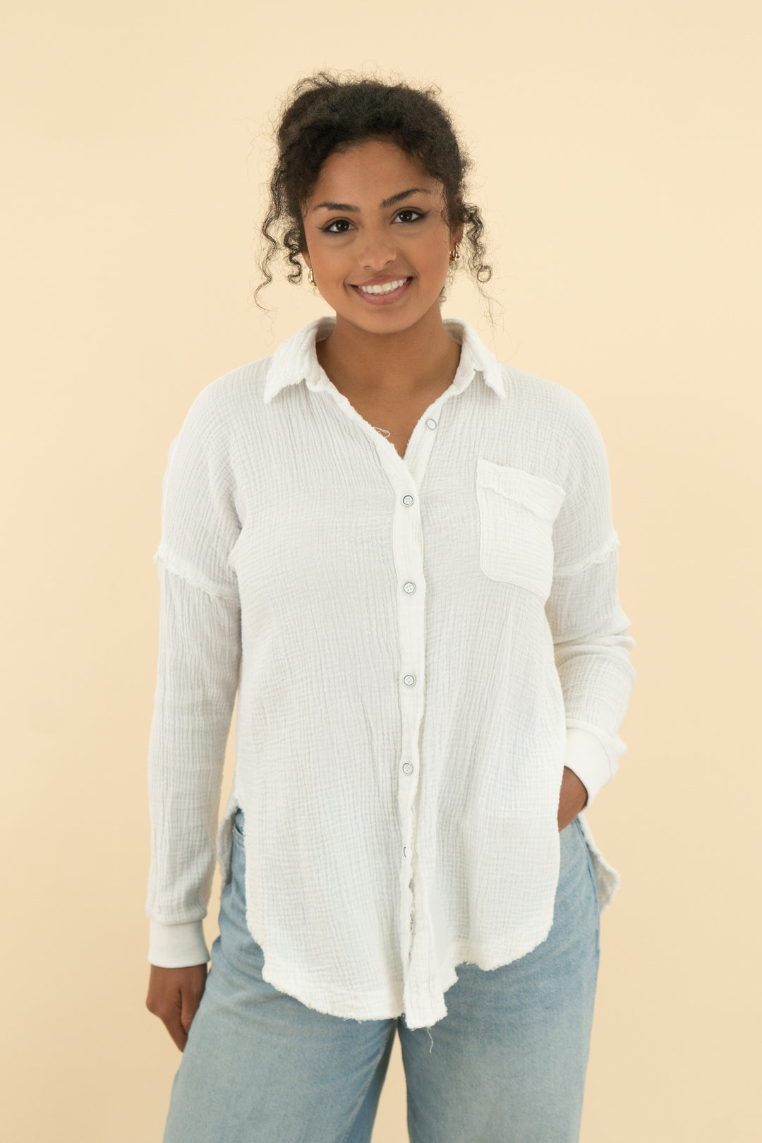 Pink Lily White Gauze Long sleeve cover up (s; retail $56)