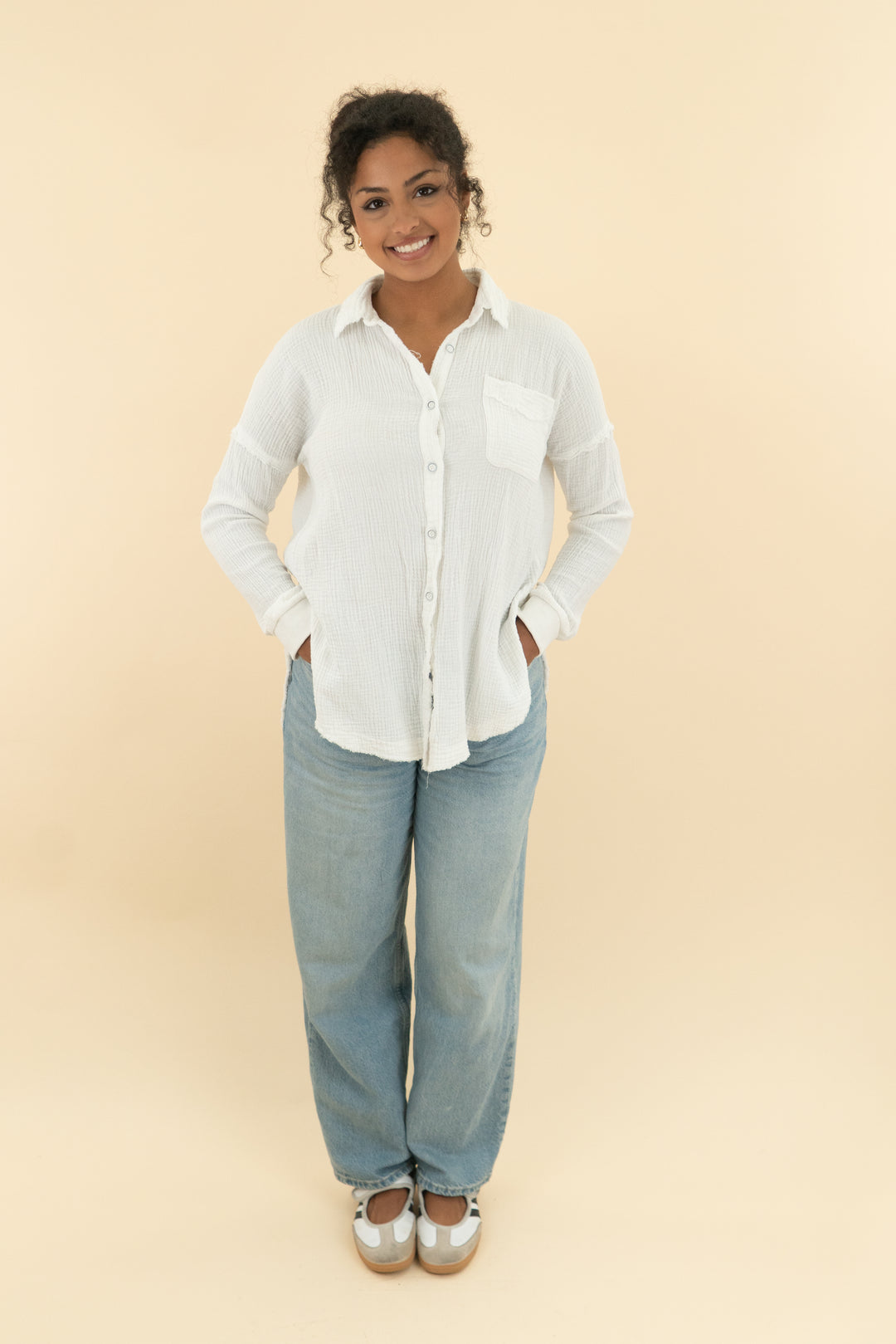 Pink Lily White Gauze Long sleeve cover up (s; retail $56)