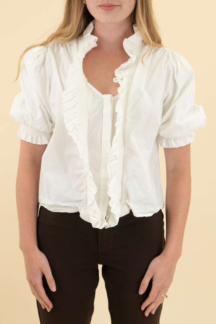forever that girl white ruffle button blouse (xs; retail; $138)