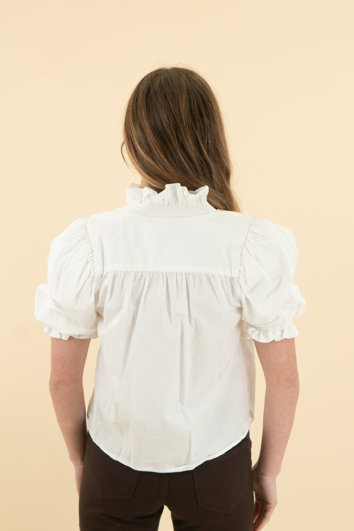 forever that girl white ruffle button blouse (xs; retail; $138)