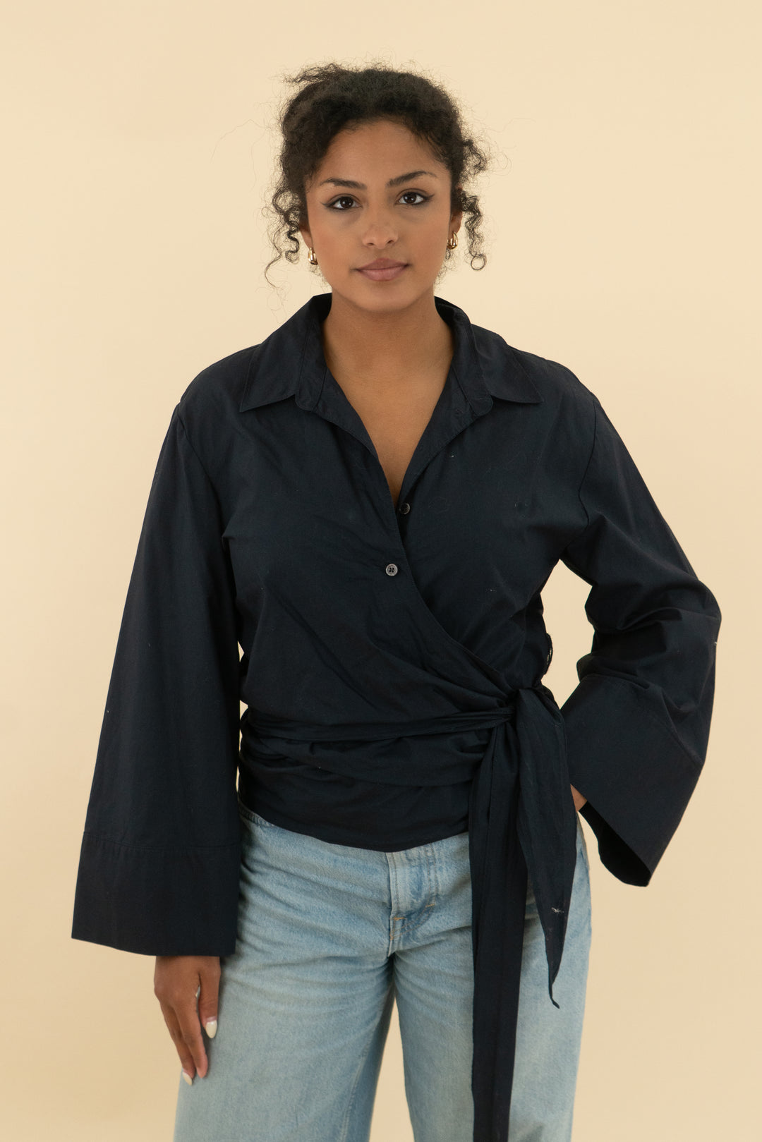 zara black long sleeve wrap blouse (l; retail $79.90)