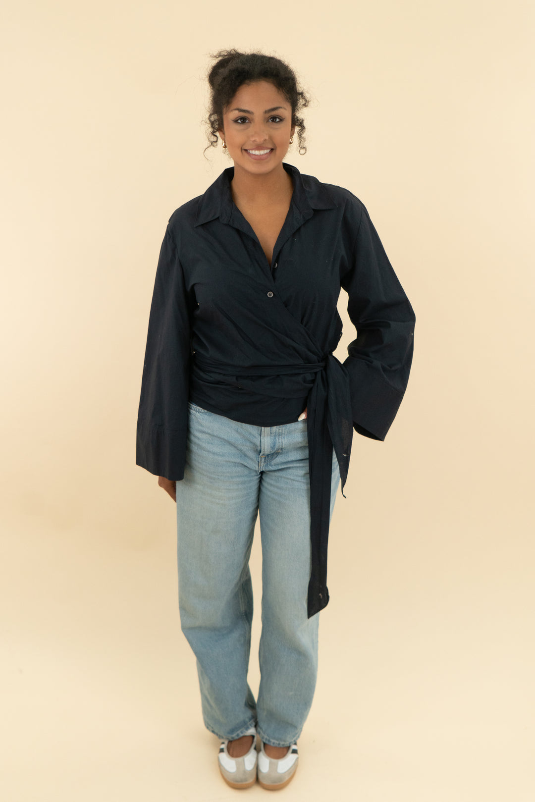 zara black long sleeve wrap blouse (l; retail $79.90)