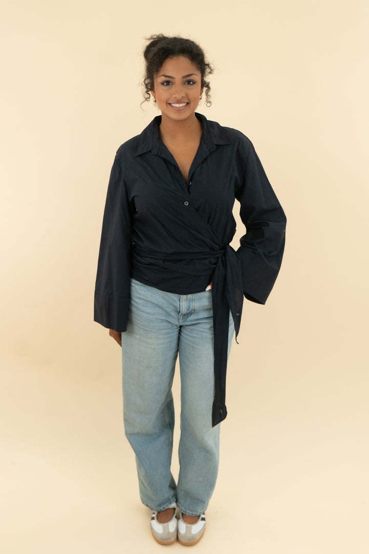 zara black long sleeve wrap blouse (l; retail $79.90)