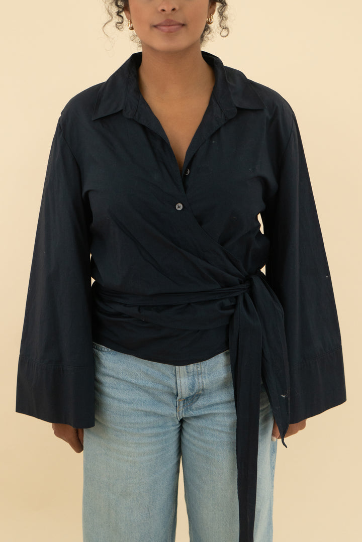 zara black long sleeve wrap blouse (l; retail $79.90)