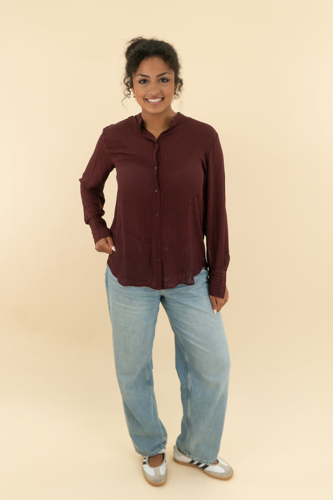 maroon sheer button down blouse (m)