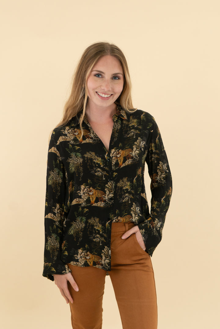 l'agence Black Nina Tiger Print Silk Blouse (xs; retail $390)