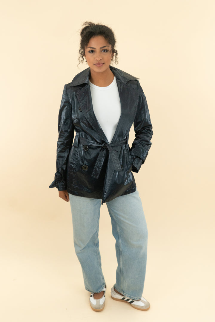 m siamo vintage navy coated linen jacket (6; retail $200)