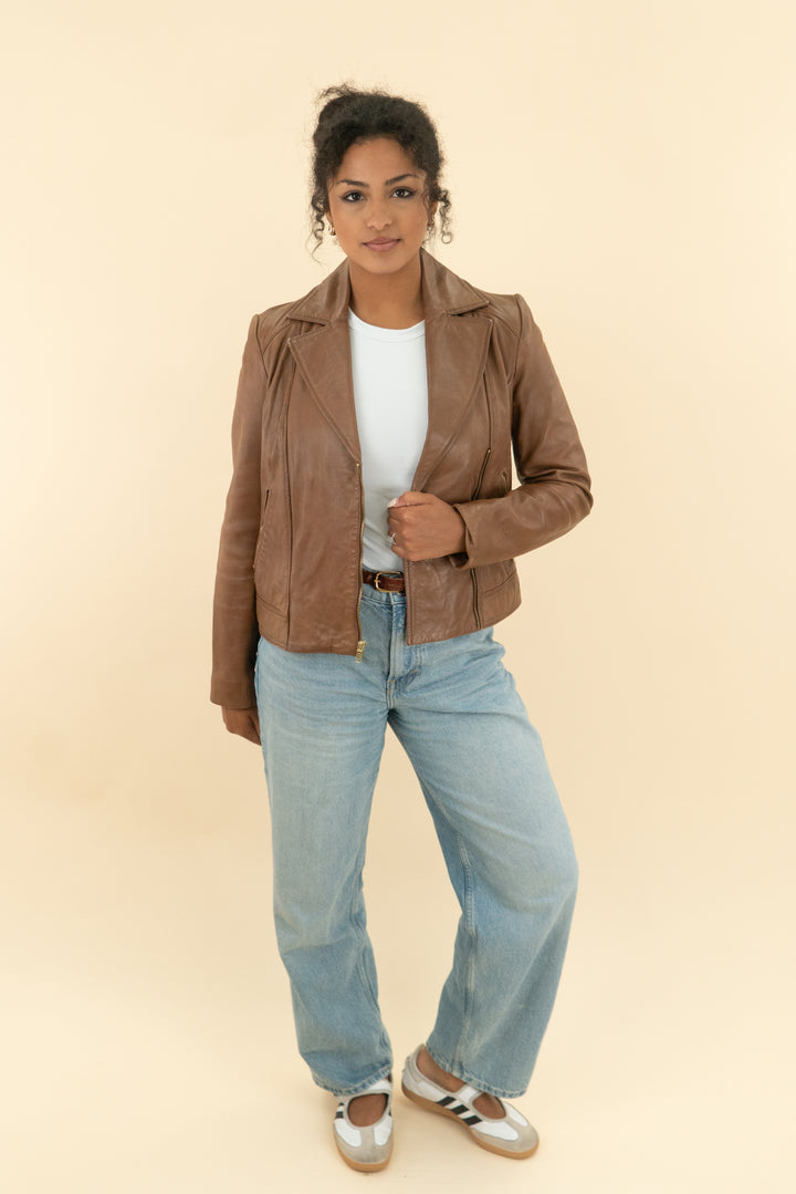 cole haan brown leather jacket (s; retail $498)