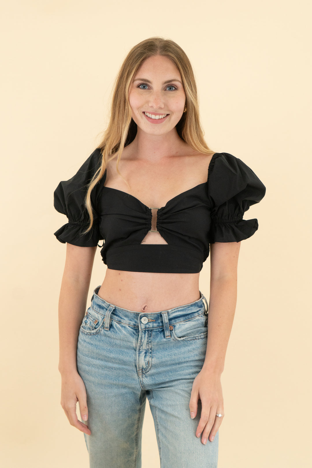 more to come black puff sleeve smocked crop top (xs; retail $68)