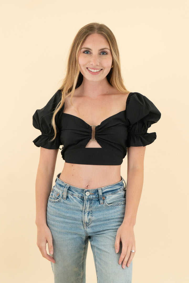 more to come black puff sleeve smocked crop top (xs; retail $68)