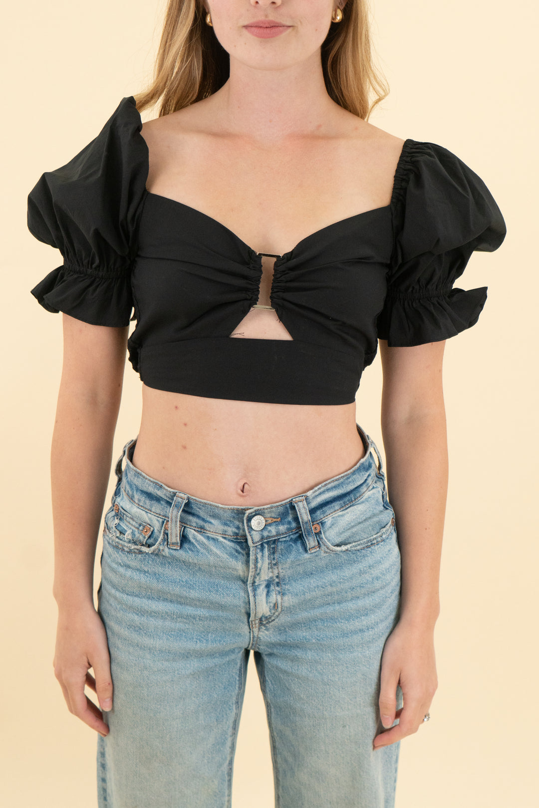 more to come black puff sleeve smocked crop top (xs; retail $68)