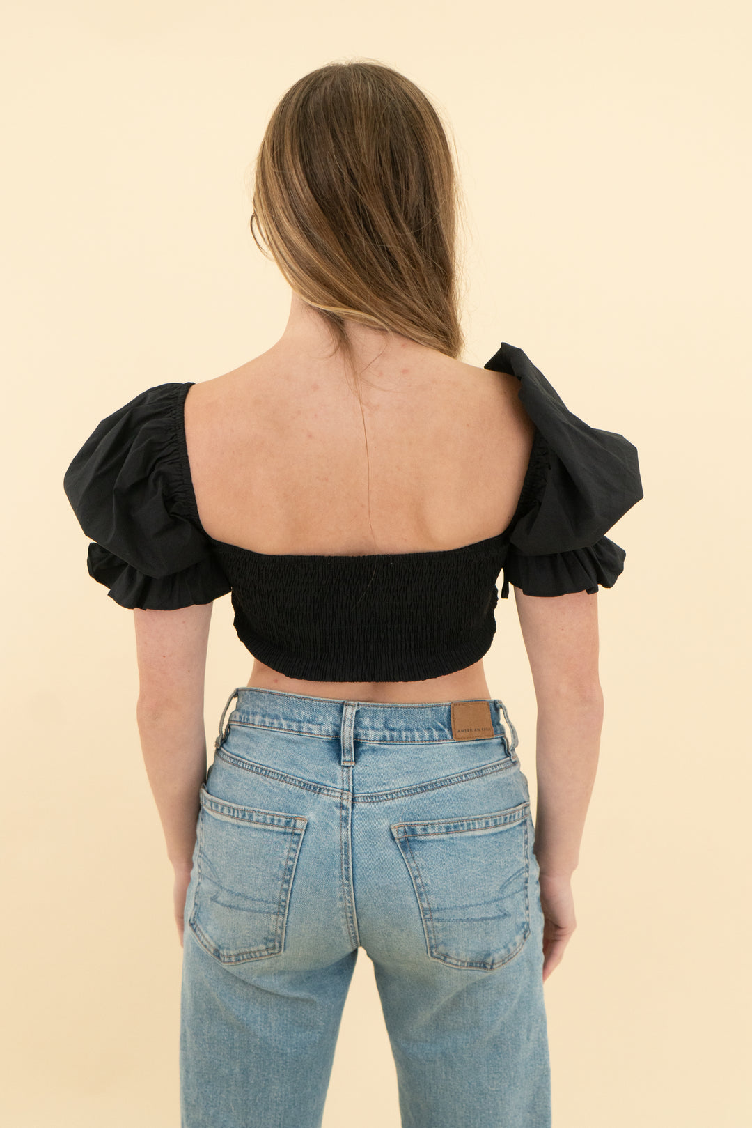 more to come black puff sleeve smocked crop top (xs; retail $68)