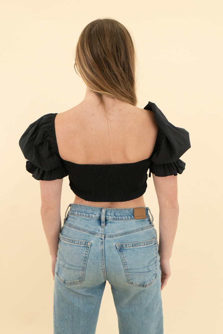 more to come black puff sleeve smocked crop top (xs; retail $68)