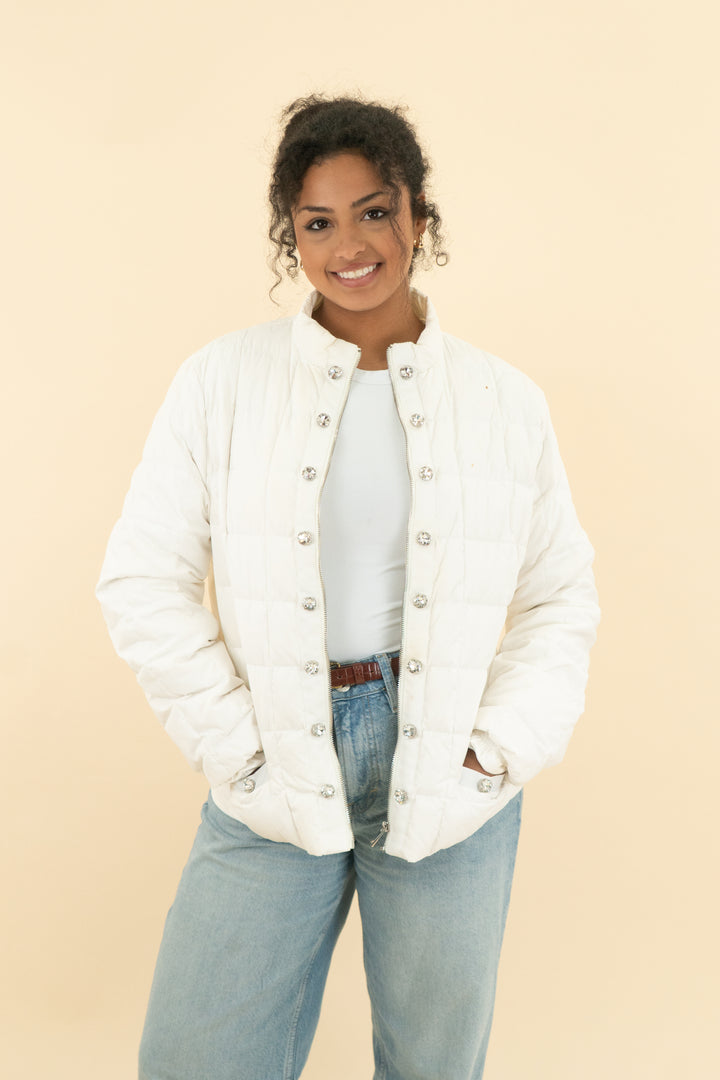 ciao milano lia antique white puffer with rhinestones (xl; retail $195)