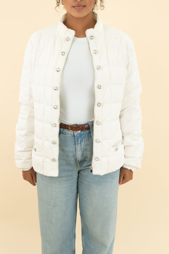 ciao milano lia antique white puffer with rhinestones (xl; retail $195)
