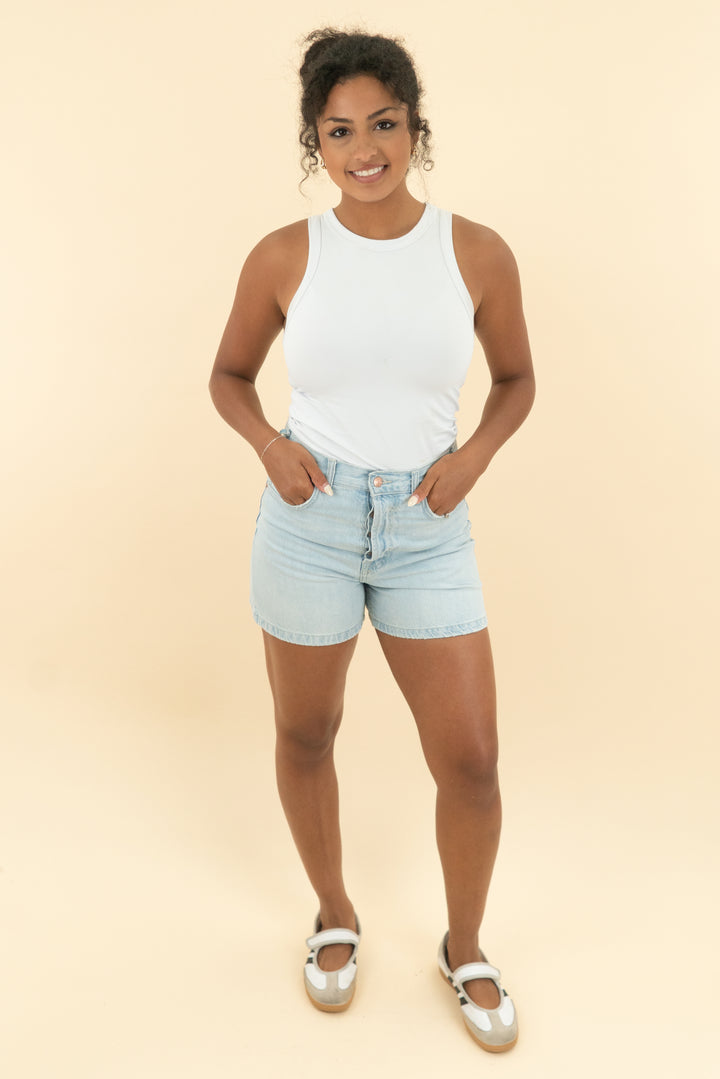 we the free light denim button fly short (27