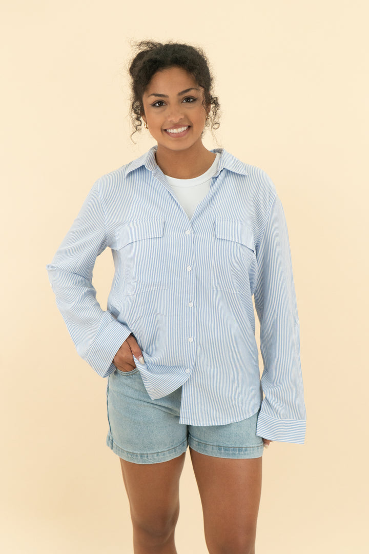 babaton blue and white seersucker button up (m; retail $68)