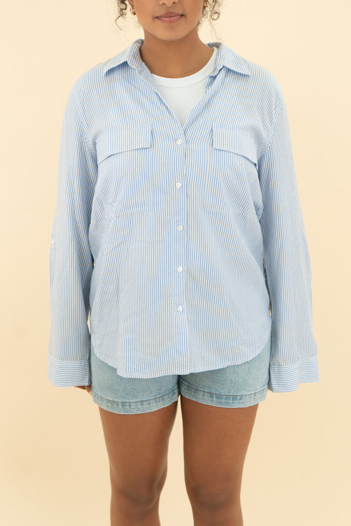 babaton blue and white seersucker button up (m; retail $68)