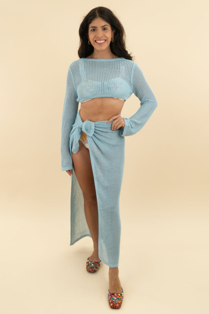 aqua blue crochet 2 piece swim cover up (s)