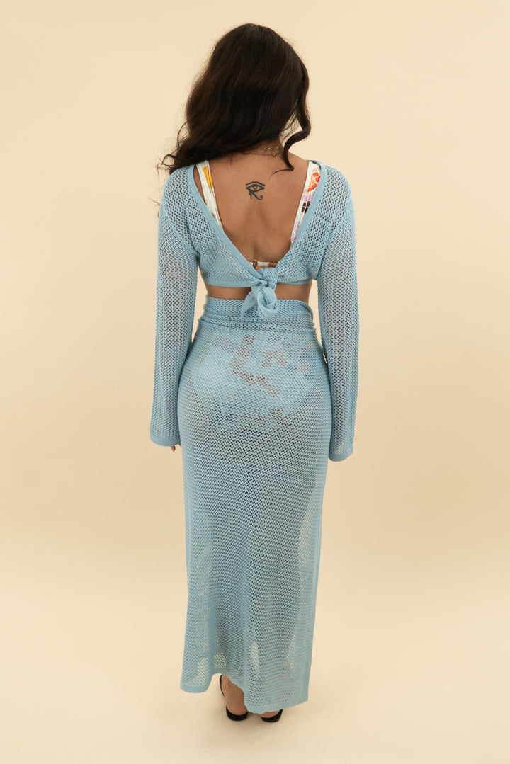 aqua blue crochet 2 piece swim cover up (s)