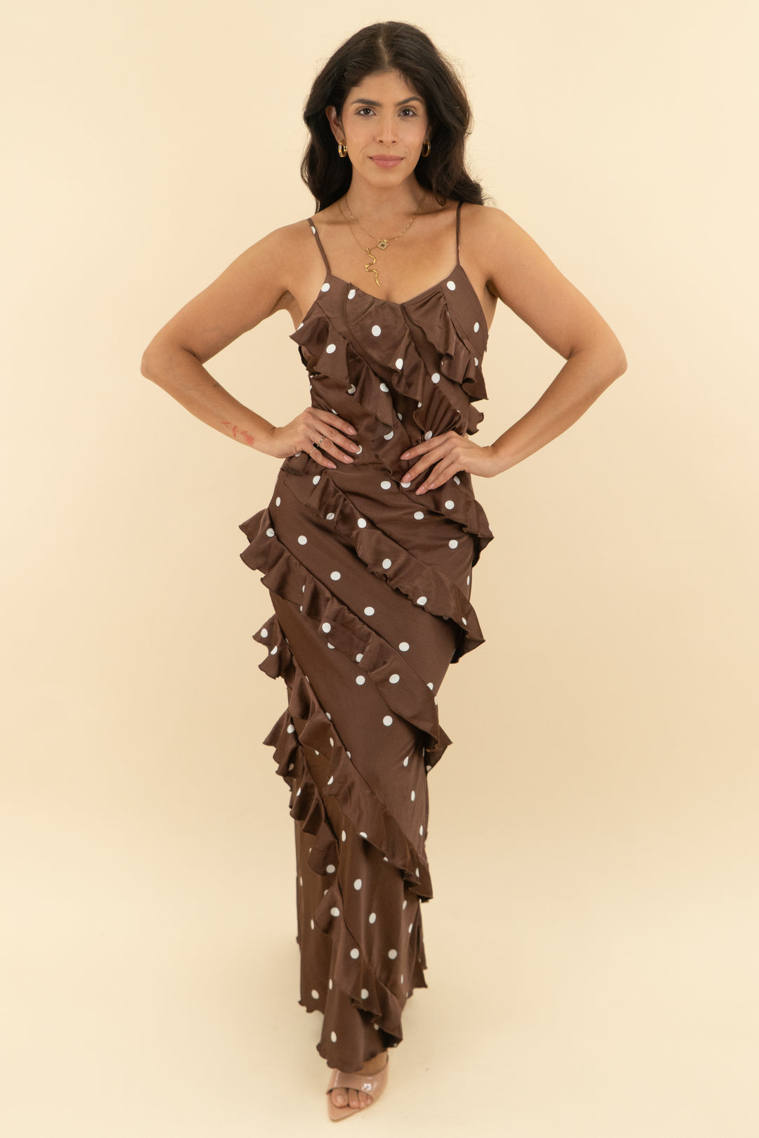 petal + pup brown polka dot ruffle maxi nwt (xs)