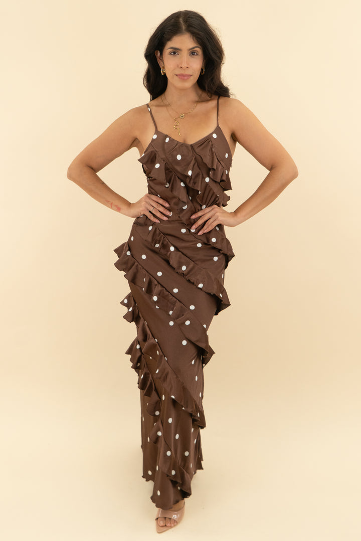 petal + pup brown polka dot ruffle maxi nwt (xs)