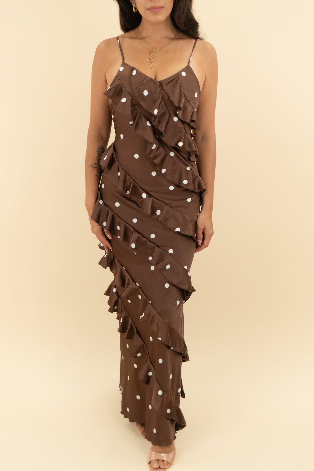 petal + pup brown polka dot ruffle maxi nwt (xs)