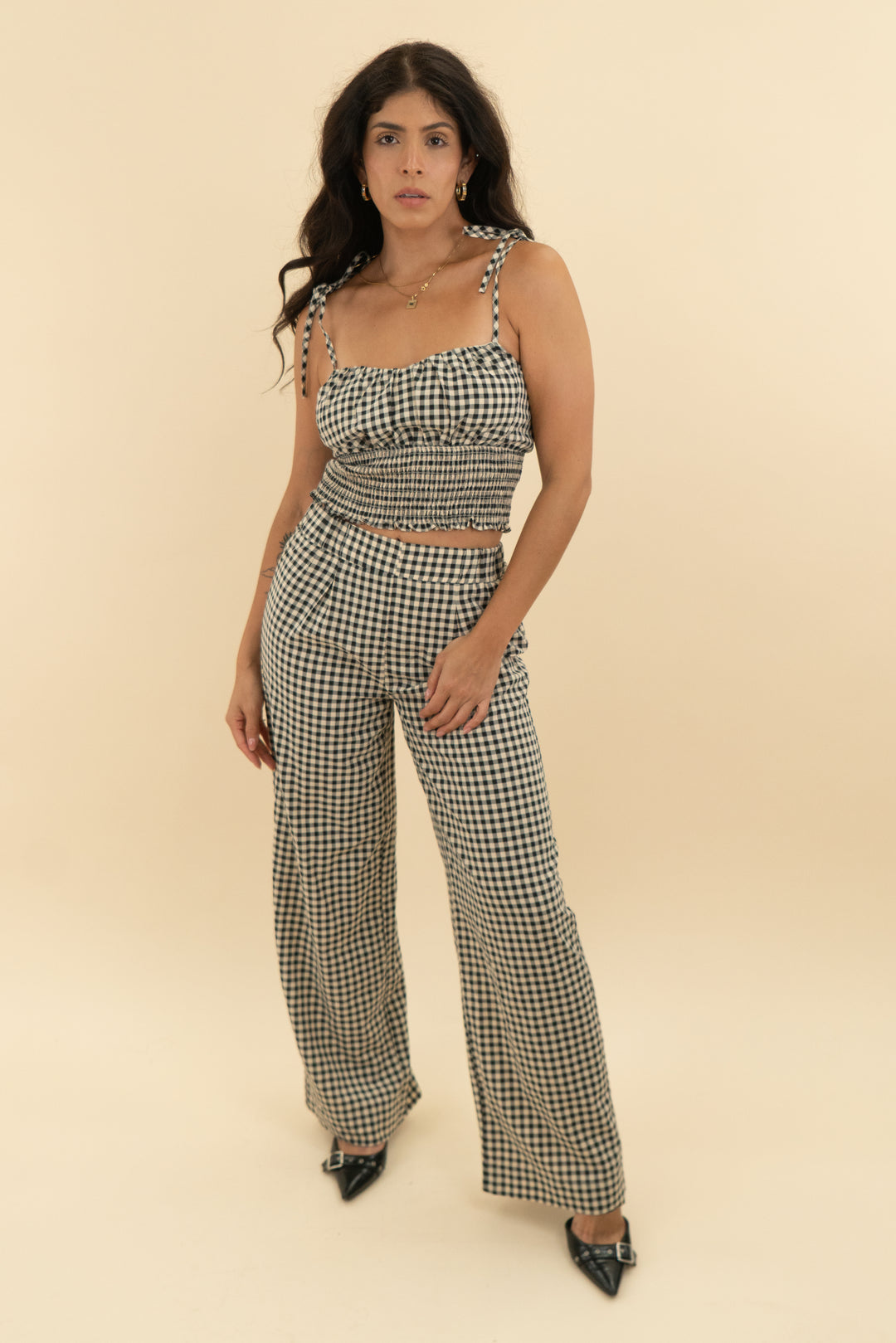 vici black cream gingham pant and tank set (s)