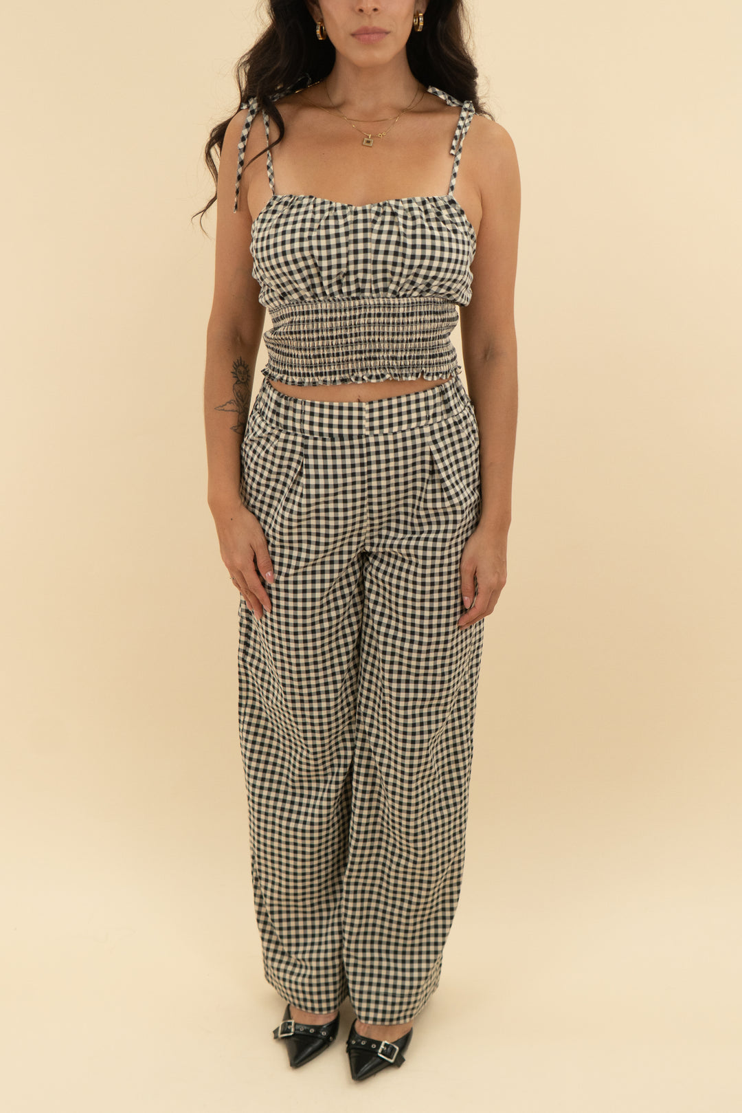 vici black cream gingham pant and tank set (s)