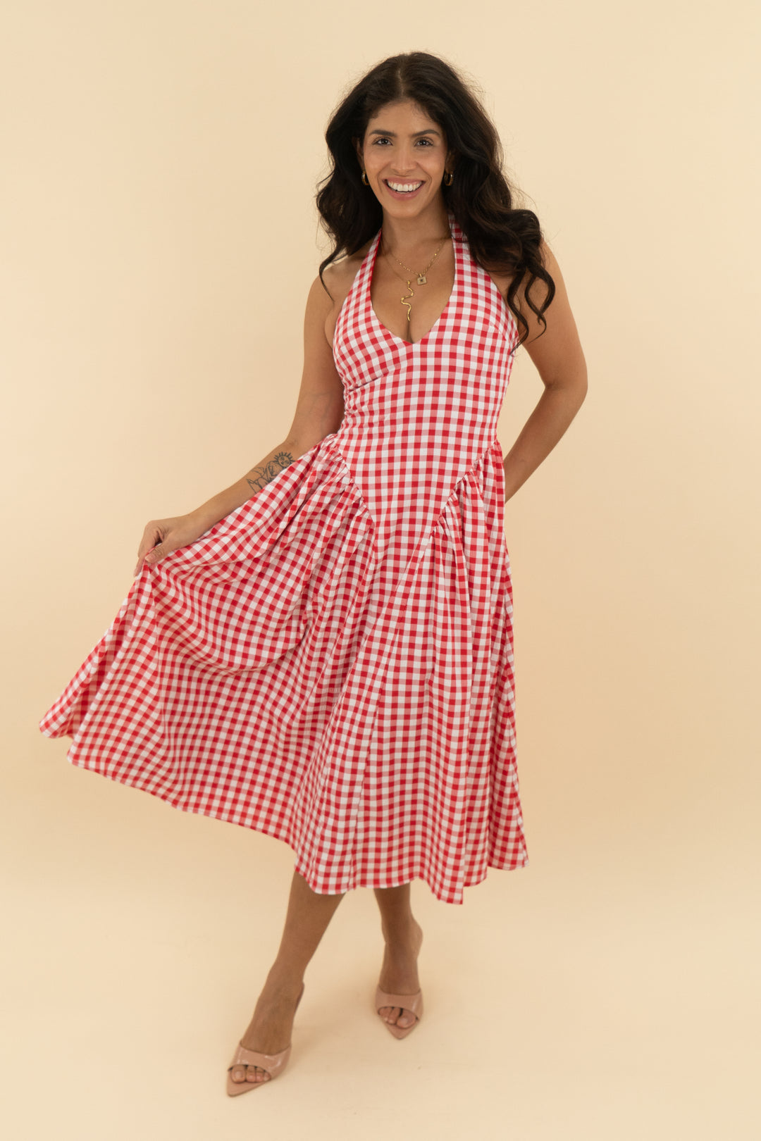 more to come red gingham midi dress (s)