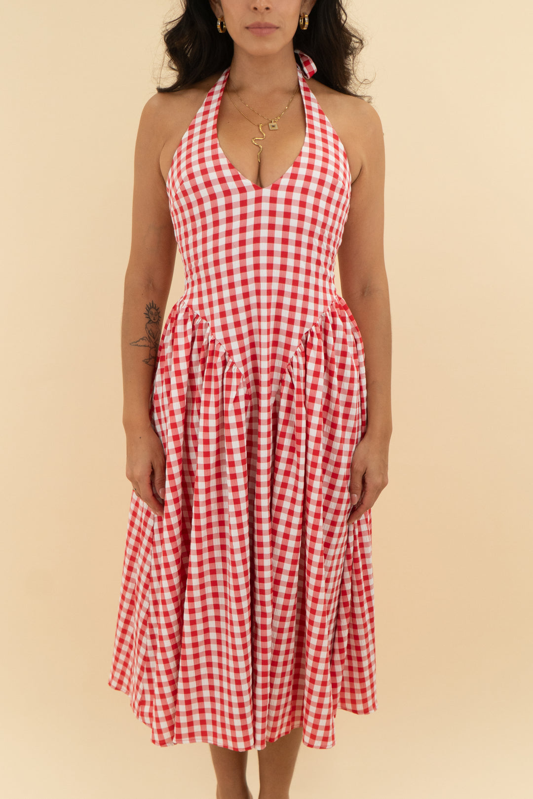 more to come red gingham midi dress (s)