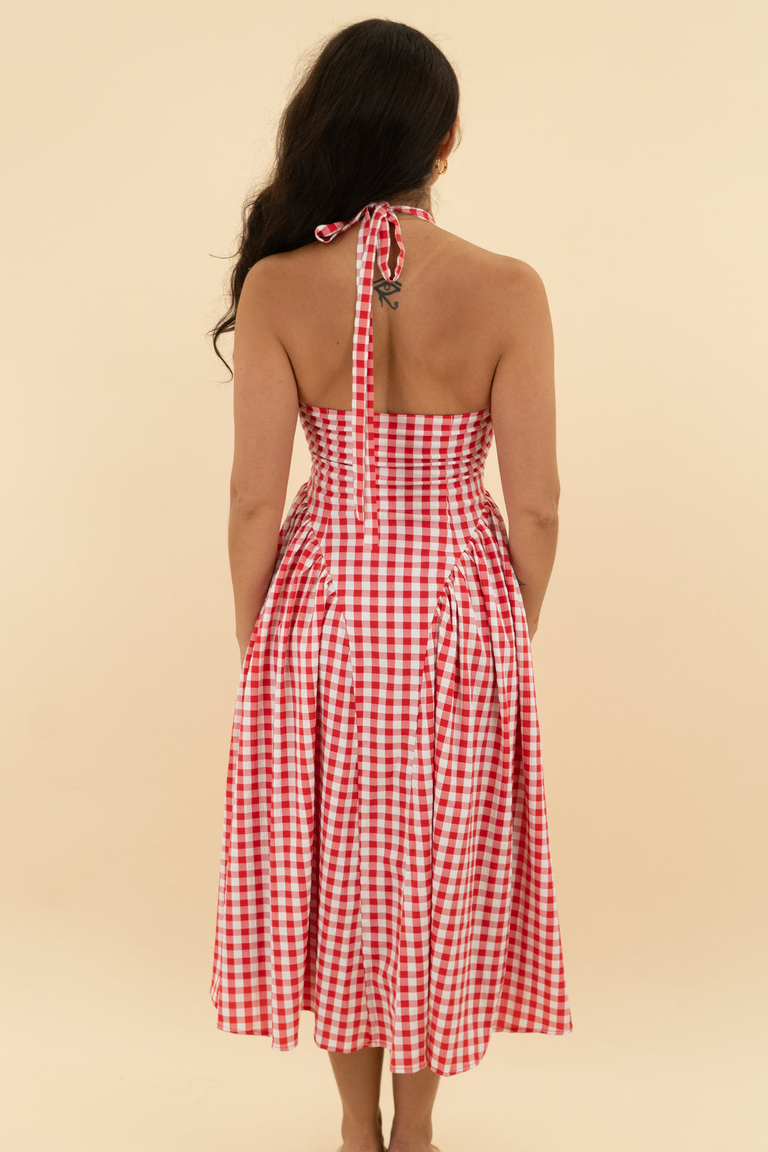 more to come red gingham midi dress (s)
