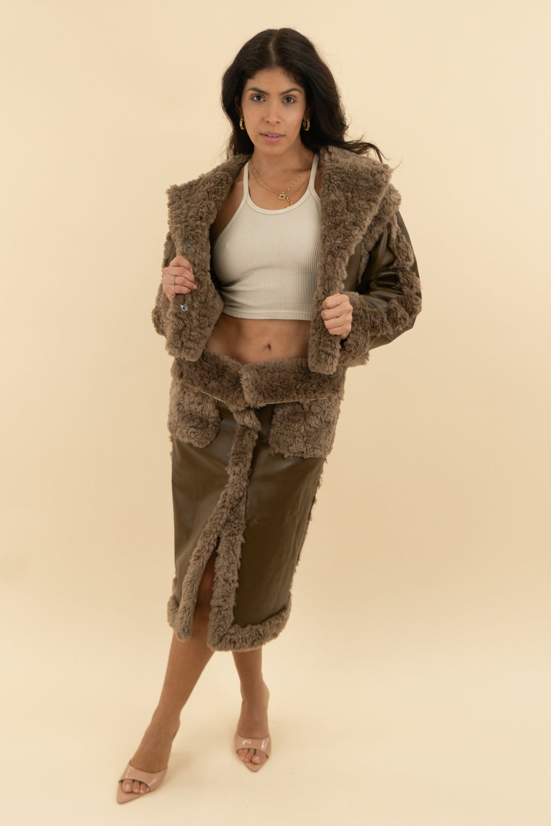 lpa shearling jacket and skirt set (xs)