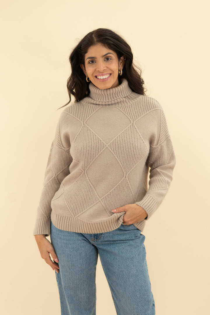 main strip taupe knit turtleneck sweater (s)
