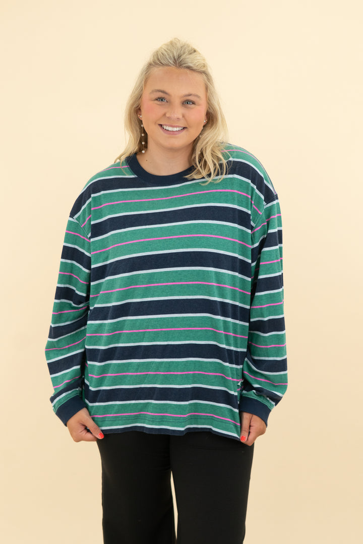 free people movement green and navy striped top (m)