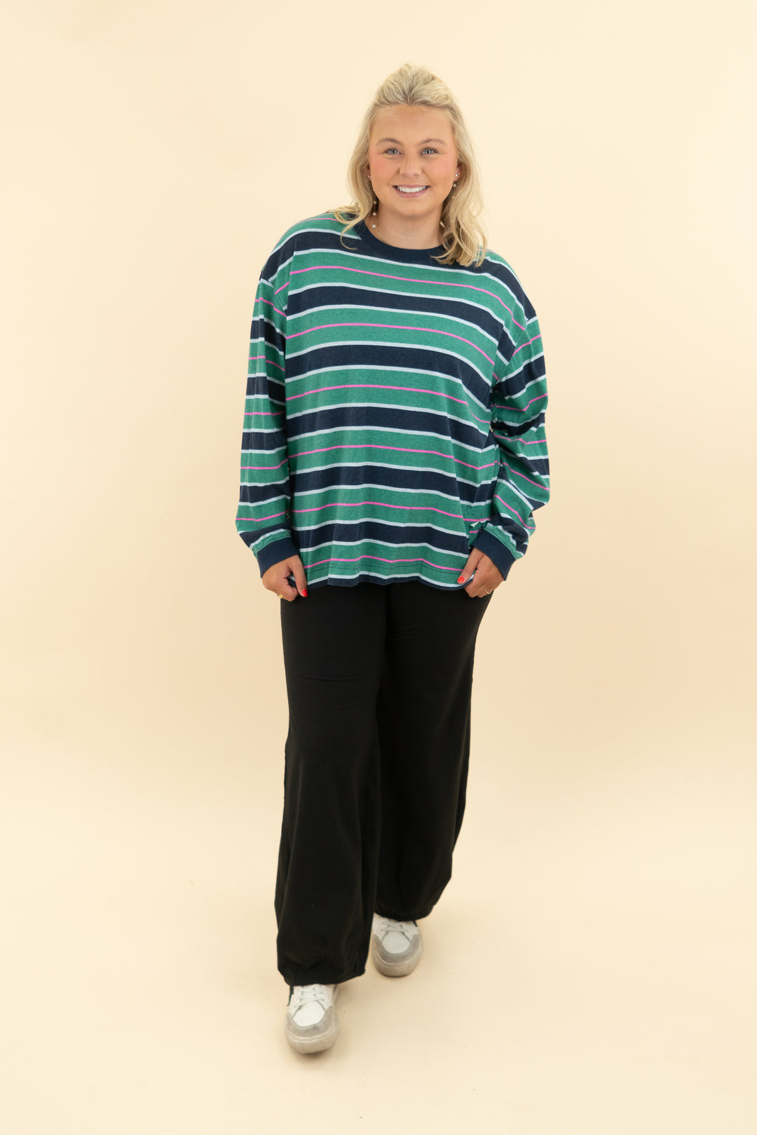 free people movement green and navy striped top (m)