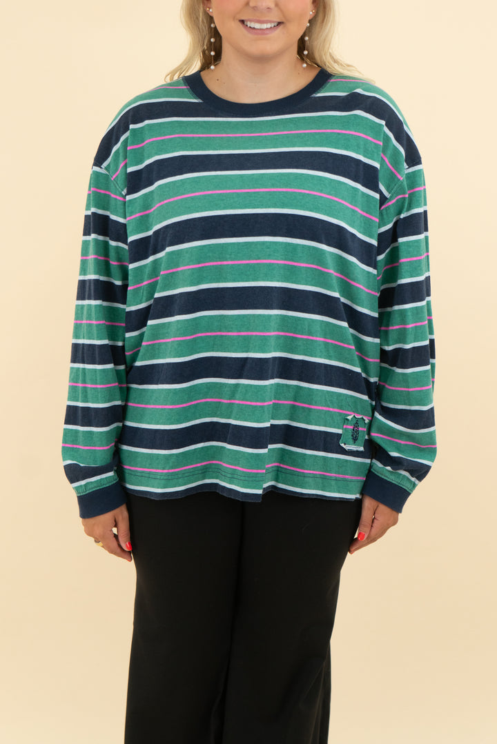free people movement green and navy striped top (m)