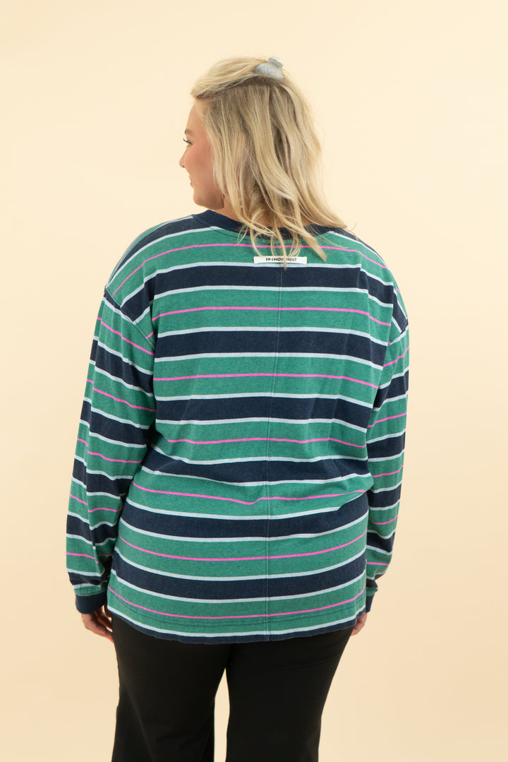 free people movement green and navy striped top (m)