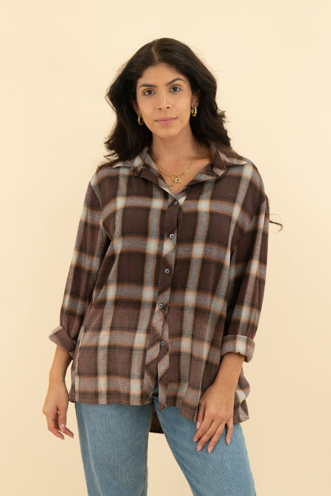vici brown and orange plaid flannel (s)