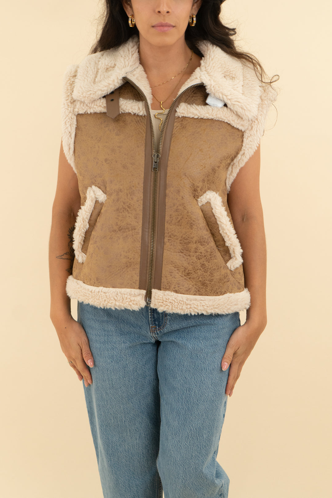 american eagle brown shearling-lined vest nwt (s; retail $89.95)