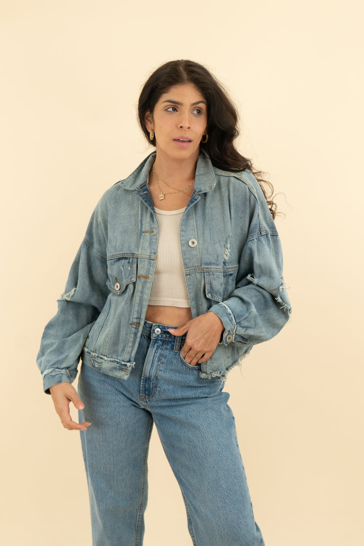 pol denim patch frayed jacket (s)