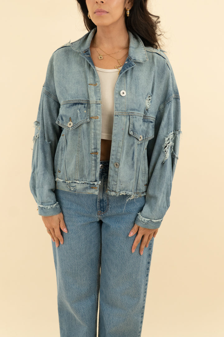 pol denim patch frayed jacket (s)