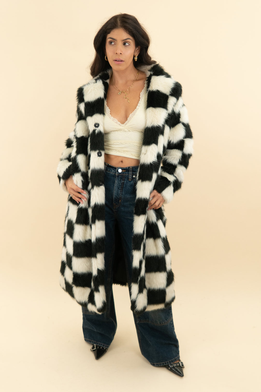 beige botany black and white checkered jacket (os)